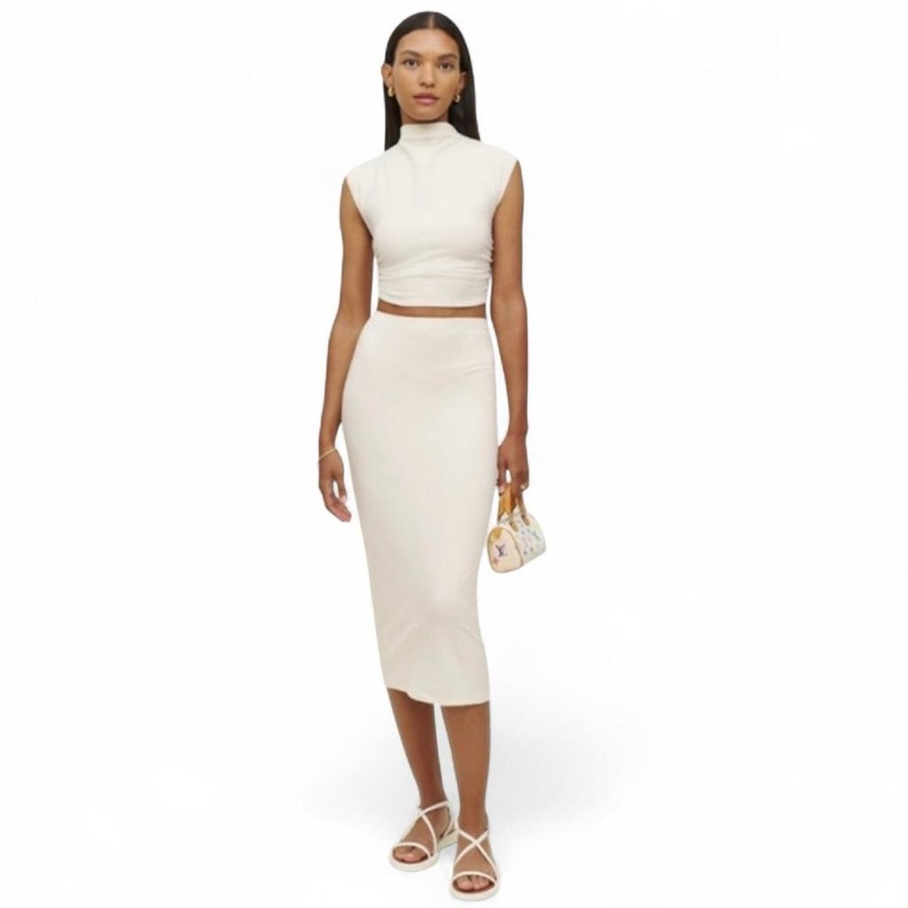 Reformation Cream Midi Skirt - Sleek High-Rise Pencil